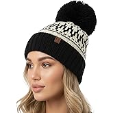 Funky Junque Women’s Knit Pom Beanie – Cozy Womens Winter Hat, Apres Ski Cold Weather Beanies with Geometric and Cross Design