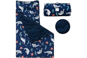 PHF Toddler Nap Mat with Removable Pillow and Minky Fleece Blanket, Rollup Design Warm Slumber Bags for Boys, 52"x20"x2" Kids Sleeping Bag for Daycare Preschool Travel Camping, Shark