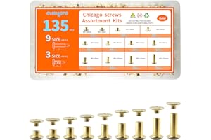 ALLOYPRO 135 Sets Gold Chicago Screws Leather Rivets Kit, 9 Sizes (M5*4,5,6,7,8,9,10,12,15) & 3 Screw Lengths (M4*3,4,5) Chicago Binding Screws, for Leather Craft, Bookbinding