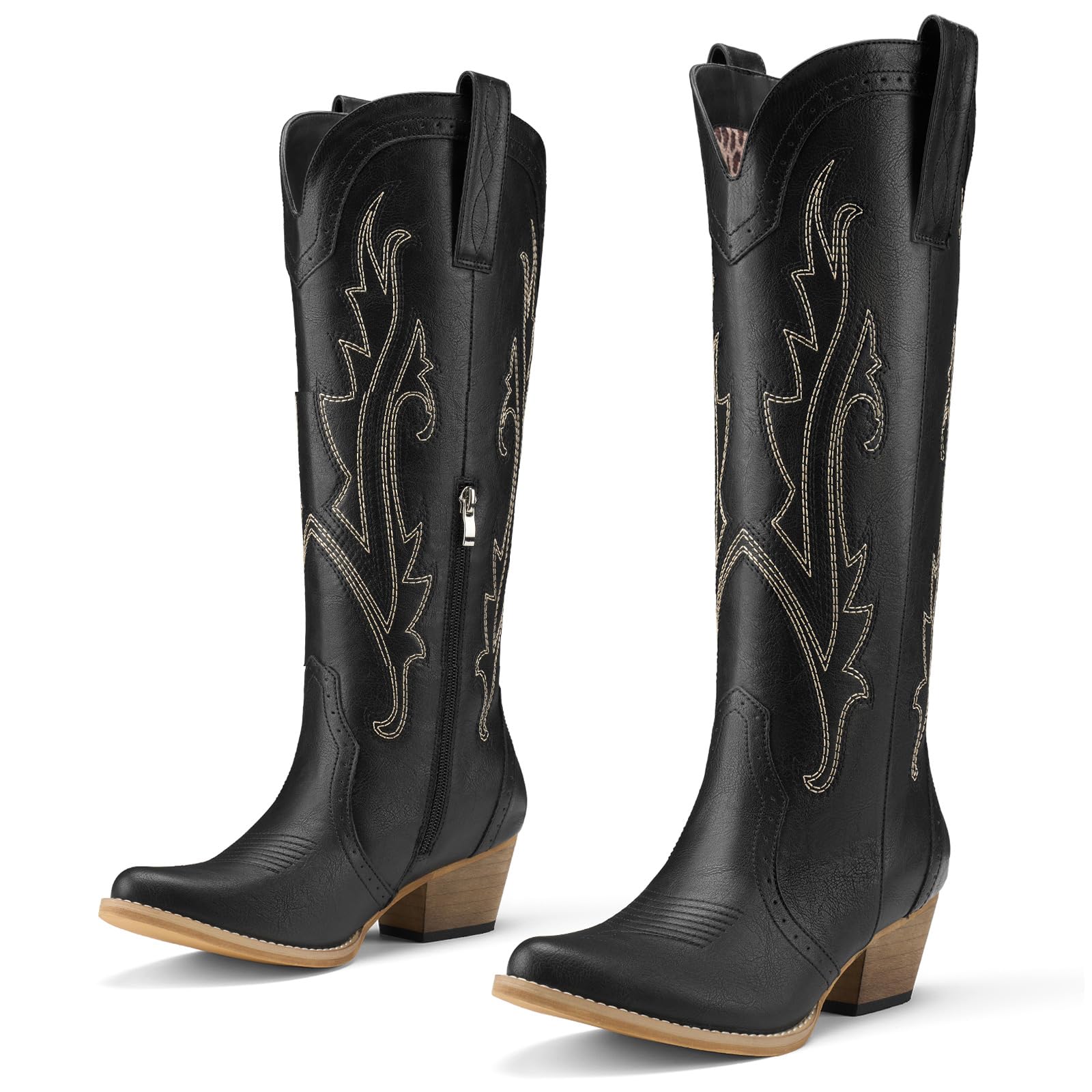 Photo 1 of ***(HEAVILY USED/ MINOR DAMAGE)***Rollda Cowboy Boots for Women Cowgirl Boots Embroidered Knee-High Western Boots Pointy Toe with Chunky Heel Black Size 9