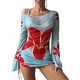 ZAFUL Womens Swimsuit Cover Up Dress Off Shoulder Hollow Coverup Bathing Suit Mesh Swim Beach Dress