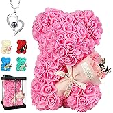 K KYMAKE Valentine's Day Gift for Her Rose Bear Pink Rose Teddy Bear Birthday Gifts for Women Wife Daughter Girlfriend,Flower Bear with Rose Bouquet and I Love You Necklace