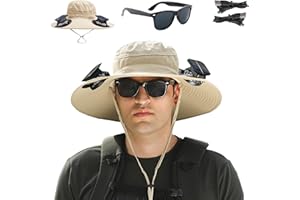 ZRPSIZP Fishing Hats with Sunglasses, Wide Brim Sun Hat with 2 Solar Fan, USB & Solar Powered Fishing Hats, Solar Fan Hats UPF 50+