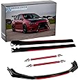 Xotic Tech Front Bumper Lip Chin Spoiler+ 2M Side Skirt Winglets Diffusers+ Adjustable 10"-13" Support Rod Universal Fit Most Vehicles, Glossy Black w/Red