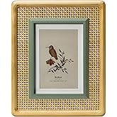 ibalux 5x7 Picture Frame, Natural, Green and Rattan Trim, Pine Wood with Real Glass, Matted to 4x6, Vertical and Horizontal for Tabletop or Wall Hanging Display Photo Frame