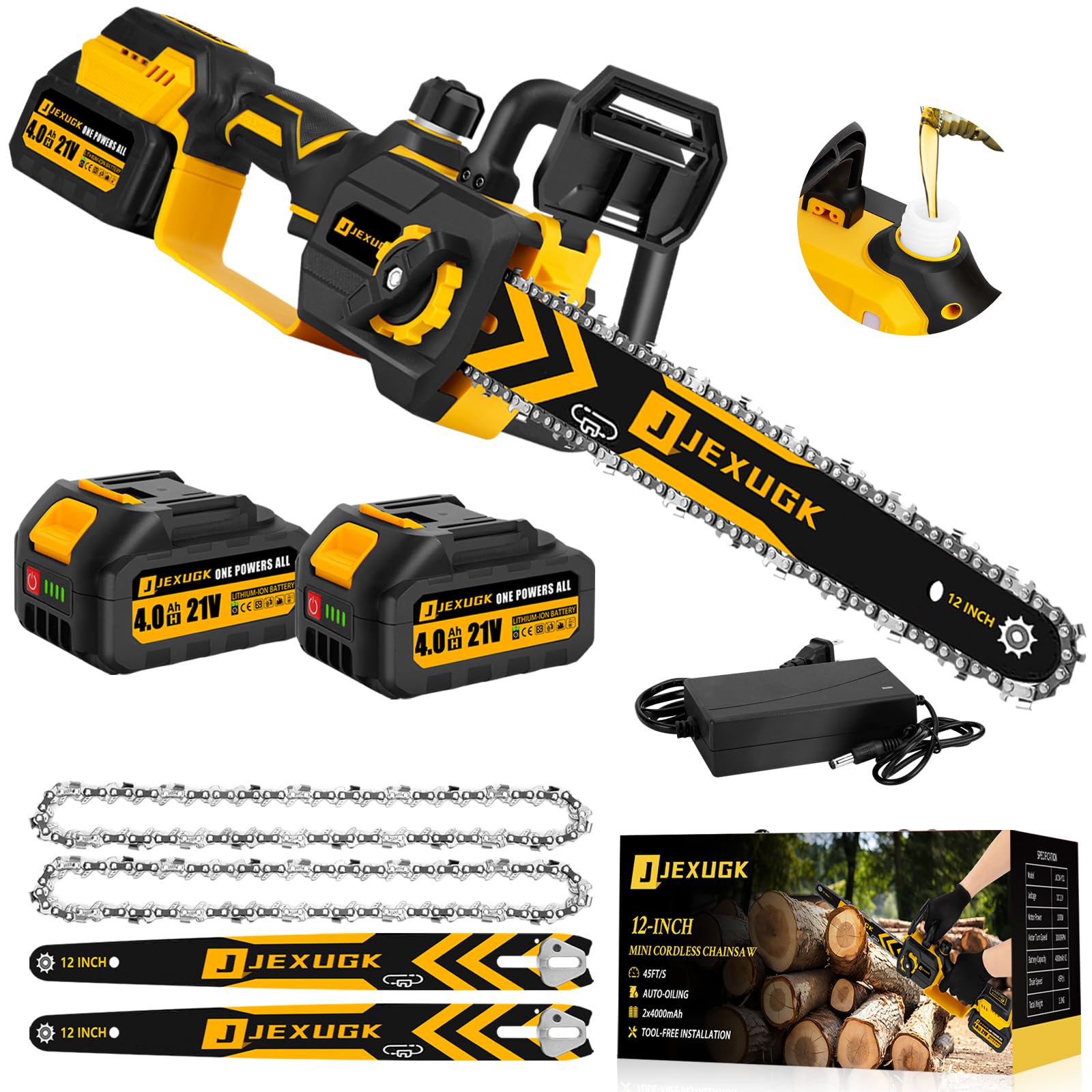 Photo 1 of ***HEAVILY USED - INCOMPLETE - SEE COMMENTS***
JEXUGK 12" Brushless Chainsaw, 21V Cordless Chainsaw with 2 x 4.0Ah Battery, Electric Motosierra De Gasolina with 2 x Chains & Guide Plate, Eléctrica Rechargeable Saw for Wood Cutting Trimming Branch