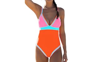 popvil Neon Color Block One Piece Bathing Suit for Women Tummy Control V Neck Swimsuit Plunge Shell Trim Swimwear Tie Back