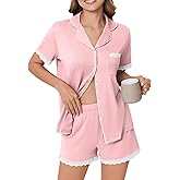 Ekouaer Womens Short Sleeve Pajamas Set Soft Sleepwear Button Down Lounge Set Lace Top and Shorts Pj Nightwear