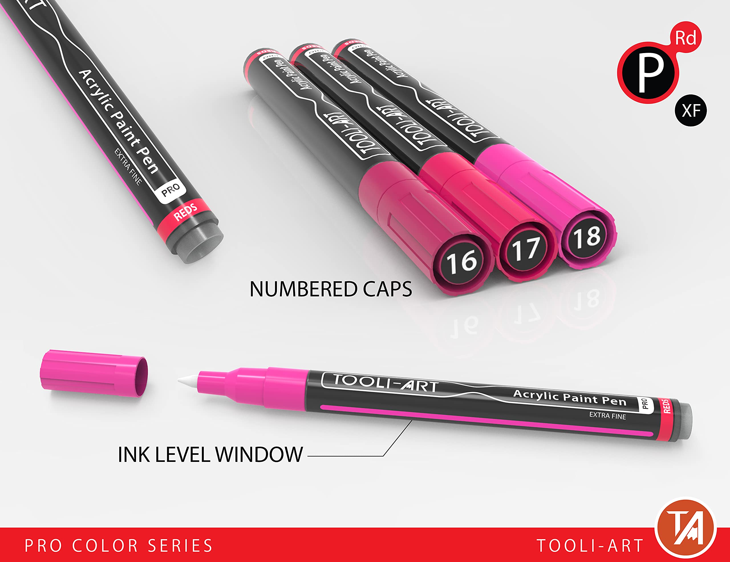 22 Red and Pink Acrylic Paint Pens Marker Pro Color Series 0.7mm Extra Fine Tip for Rock Painting, Glass, Cups, Wood, Metal, Canvas, DIY Projects, Non-Toxic, Water Based, Quick Drying