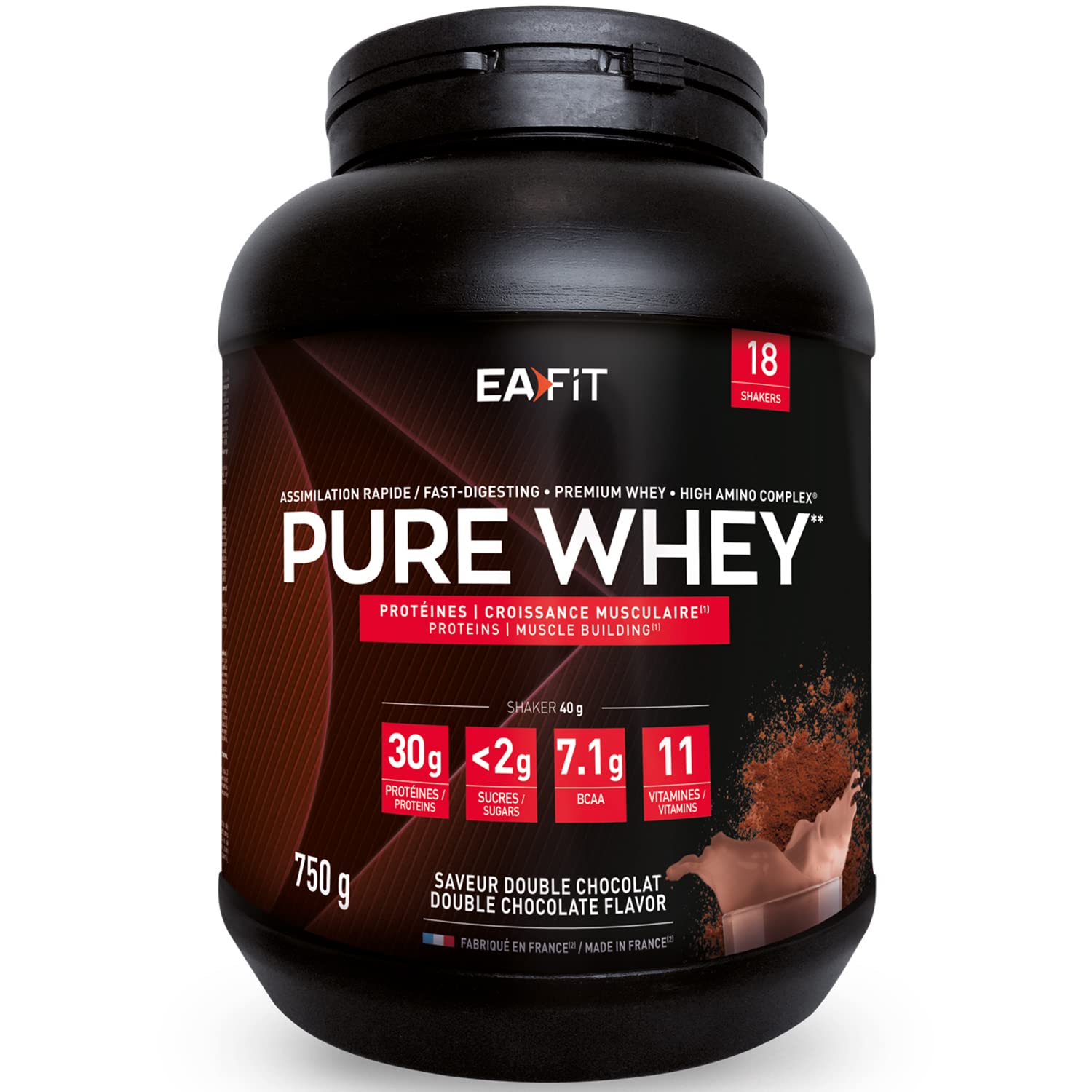 Eafit Pure Whey - Double Chocolate 750g - Muscle Growth - Tri-Source whey Protein - Fast Absorption - Contains Amino acids and Digestive enzymes - HIGH Amino Complex - Source of Vitamins and Minerals