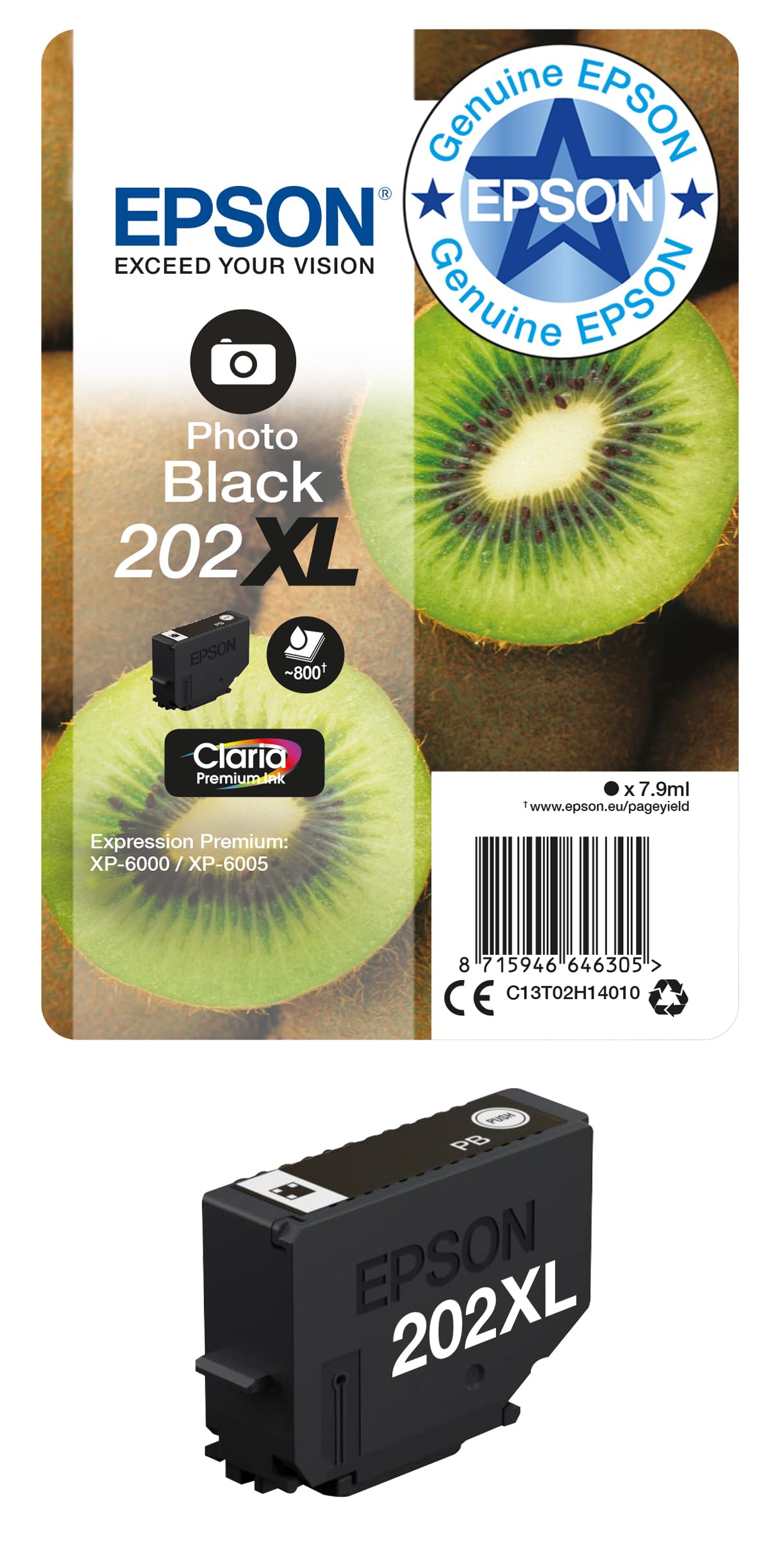 Epson 202XL Photo Black Kiwi High Yield Genuine, Claria Premium Ink Cartridge,XL High Capacity