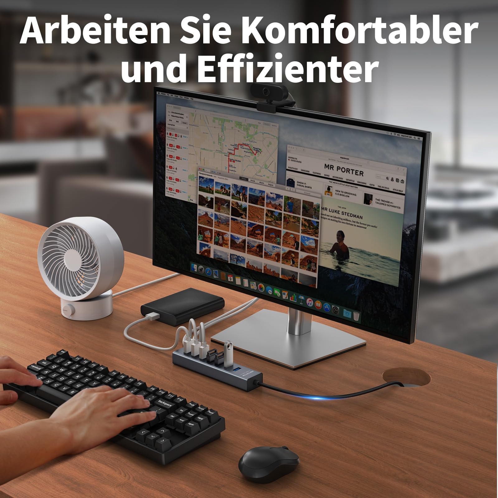 7-Port USB Hub 3.0 mit 120cm Kabel für Desktop, Aluminium USB Verteiler 5Gbps Multiport Adapter Splitter mit 5V 3A Type-C Port für PC, Laptop, MacBook, U-Disk, Maus 6