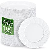 U-QE 100 Count White Plastic Plates for Party - 7 Inch Scalloped Dessert Plates Disposable Heavy Duty - Premium Hard Plastic Appetizer/Cake Plates for Party, Wedding, BBQ, Picnic and Graduation