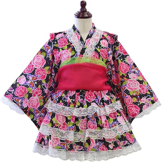 Amazon 浴衣ドレス 子供 女の子 セット バラ柄 ピンク 黒 可愛い ベビー キッズ 帯付き ゆかた ドレス セパレート リトルプリンセス Little Princess コサージュ無 130cm 着物 浴衣 通販