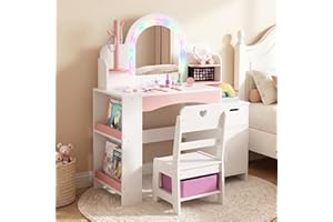 INFANS Kids Vanity with Lights, Princess Makeup Desk with Mirror, Jewelry Hanger, Fabric Drawers, Toddler Table and Chair Set
