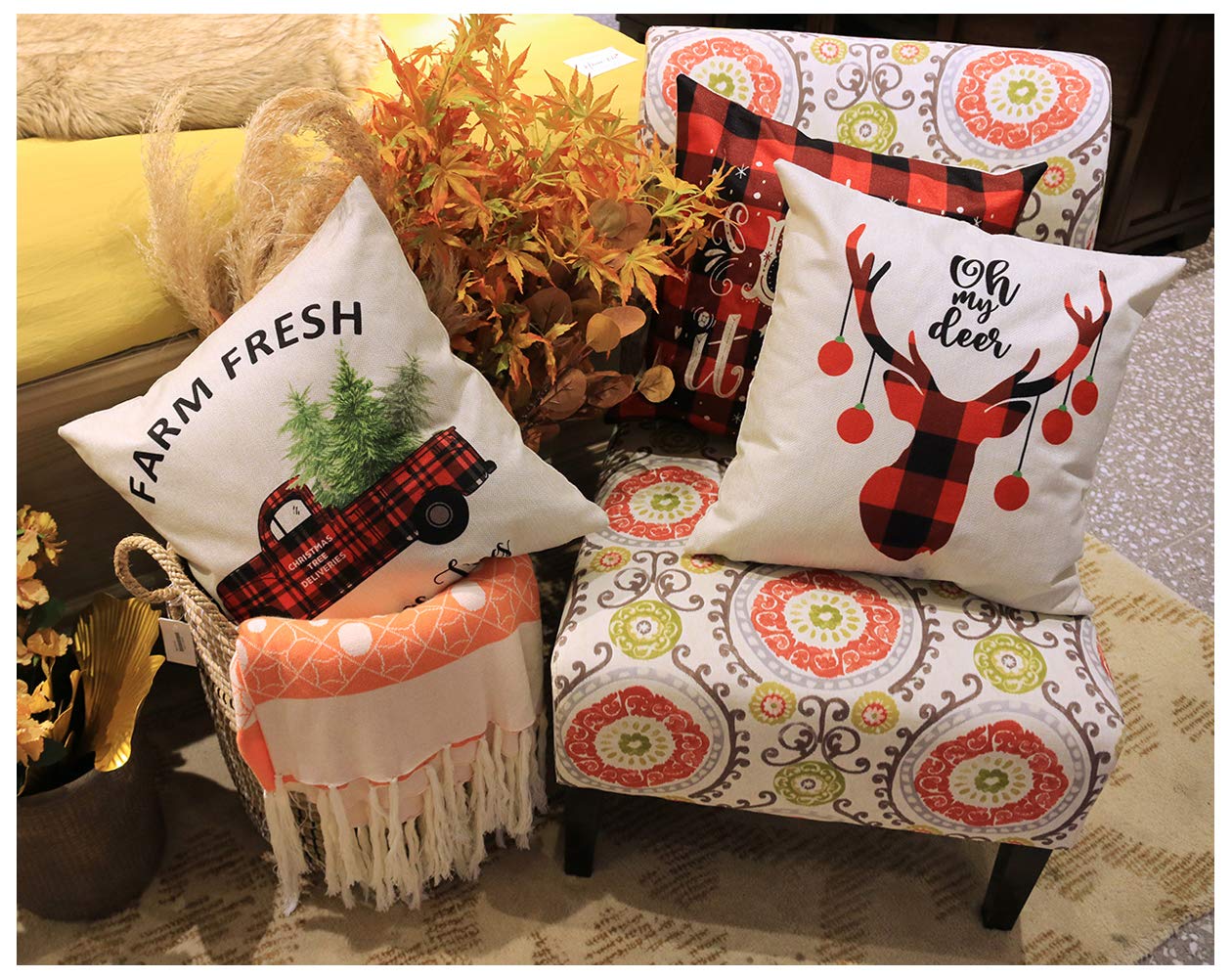 YEVIOR Klassisch Buffalo Plaid Kissenbezuge Weihnachten Dekorative Dekokissen Kissenhülle 4er Set, Christmas Motiv Schneeflocke Rentier Muster 45x45cm,Zierkissenbezüge für Sofa Zuhause Dekor,Leinen