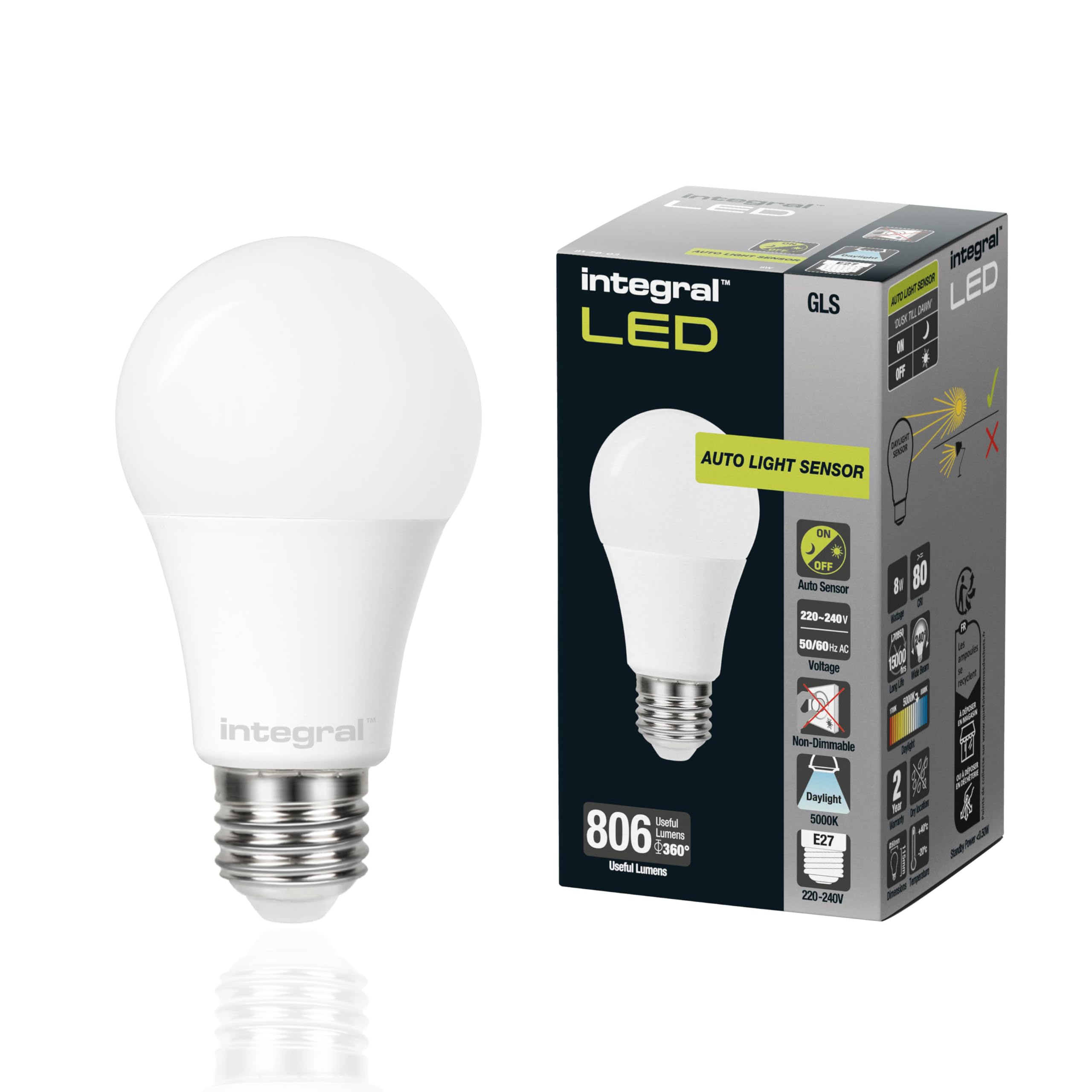 Integral LED E27 Non-Dimmable Dusk to Dawn Dual Sensor Frosted GLS Bulb – Daylight White 5000K, 806lm, 8W (60W Equivalent) - Energy efficient & Ideal for Outdoor, Porch, Garage, Garden, Patio — image 1