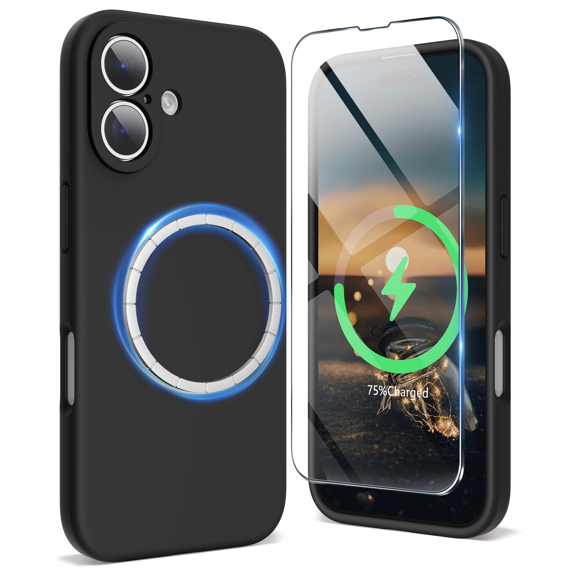 SURPHY Magnetic Design for iPhone 16 Case, Liquid Silicone Protection for Each Lens Shockproof Gel Rubber Phone Case for iPhone 16 6.1 inch 2024, Black