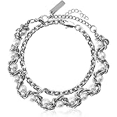 IDOKAWA Faux Pearl Chain Bracelet for Women Men White Stainless Steel Link Cuff Bridal Wedding Christmas Valentine's Day Mother's Day Anniversary Birthday Jewelry Gifts Box for Her Him