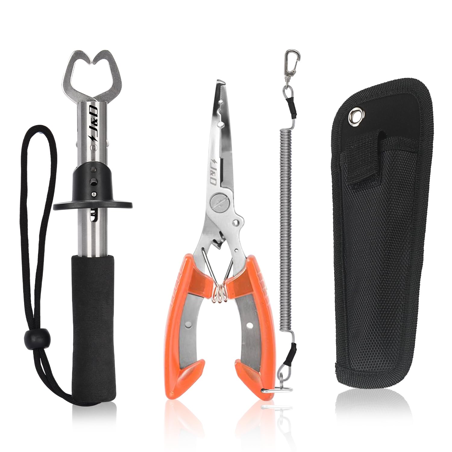 J&D Fishing Pliers and Fish Lip Gripper Set, Multi-Functional Stainless Steel Fishing Plier Gear Hook Remover Tool with Safety Coiled with Sheath and Lanyard for Freshwater Saltwater Fishing, Orange