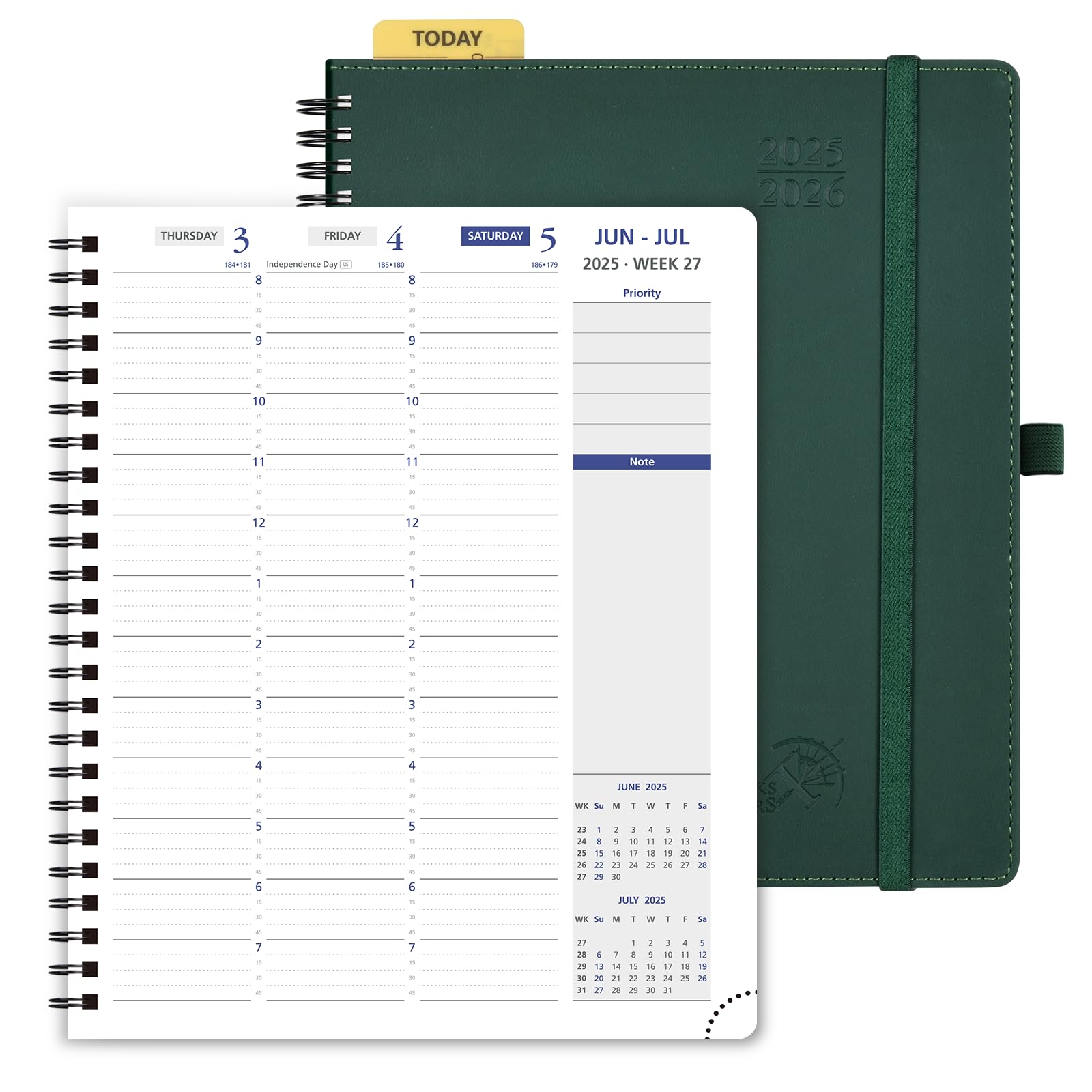 Photo 1 of POPRUN 2025-2026 Weekly Planner 7.25'' x 8.25''Academic Spiral Appointment Book (July 2025-June 2026) with Quarter-Hourly Schedule, Monthly Tabs, Leather Softcover, Inner Pocket - Forest Green
