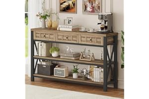 FATORRI Industrial Console Table for Entryway, Rustic Sofa Table with 3 Drawers for Living Room, Farmhouse Hallway Table and Couch Table Behind Sofa (54.72 Inch Long, Rustic Oak)