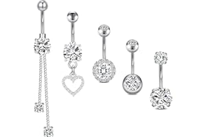 Incaton 5PCS Belly Button Rings, Diamond Shine Stainless Steel Belly Rings For Women, Cute Dangle Belly Button Rings With Heart CZ, Navel Piercing Pack With Gift Velvet Pouch