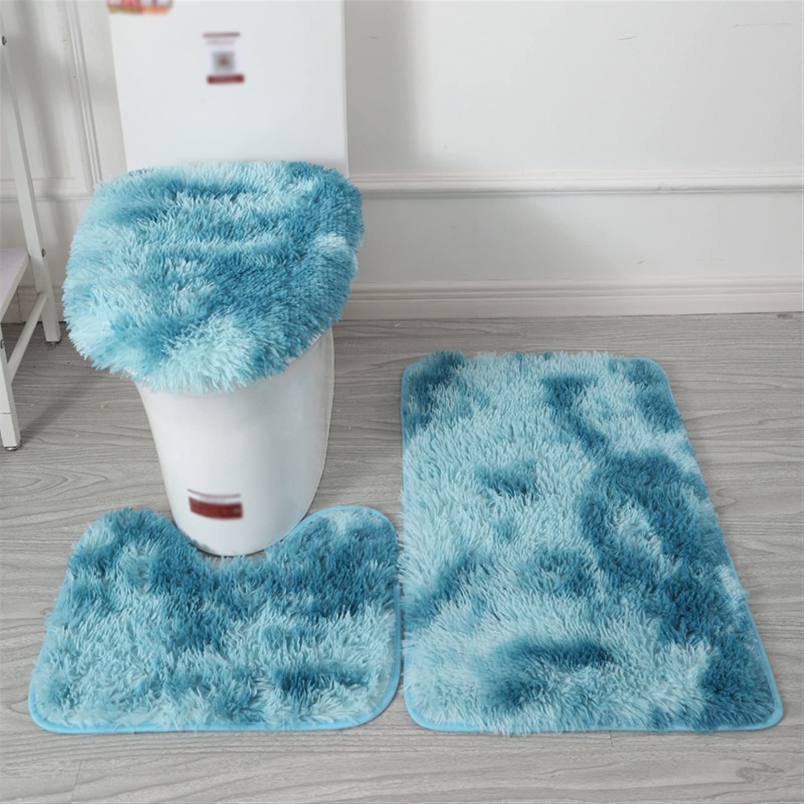 Lifup 3 PCS Non Slip Shaggy Bathroom Rug Set, U-Shaped Contour Toilet Rug Water Absorbent Bathroom Mat Toilet Lid Cover Tie Dyed Blue 2