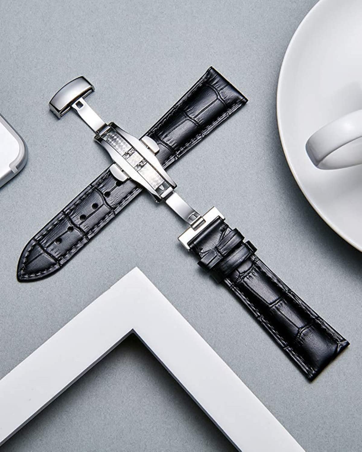 Moran Genuine Leather Band Alligator and Cowhide Replacement Deployment Buckle Watch strap18mm to 24mm Crocodile Leather Strap for Men's and Women's