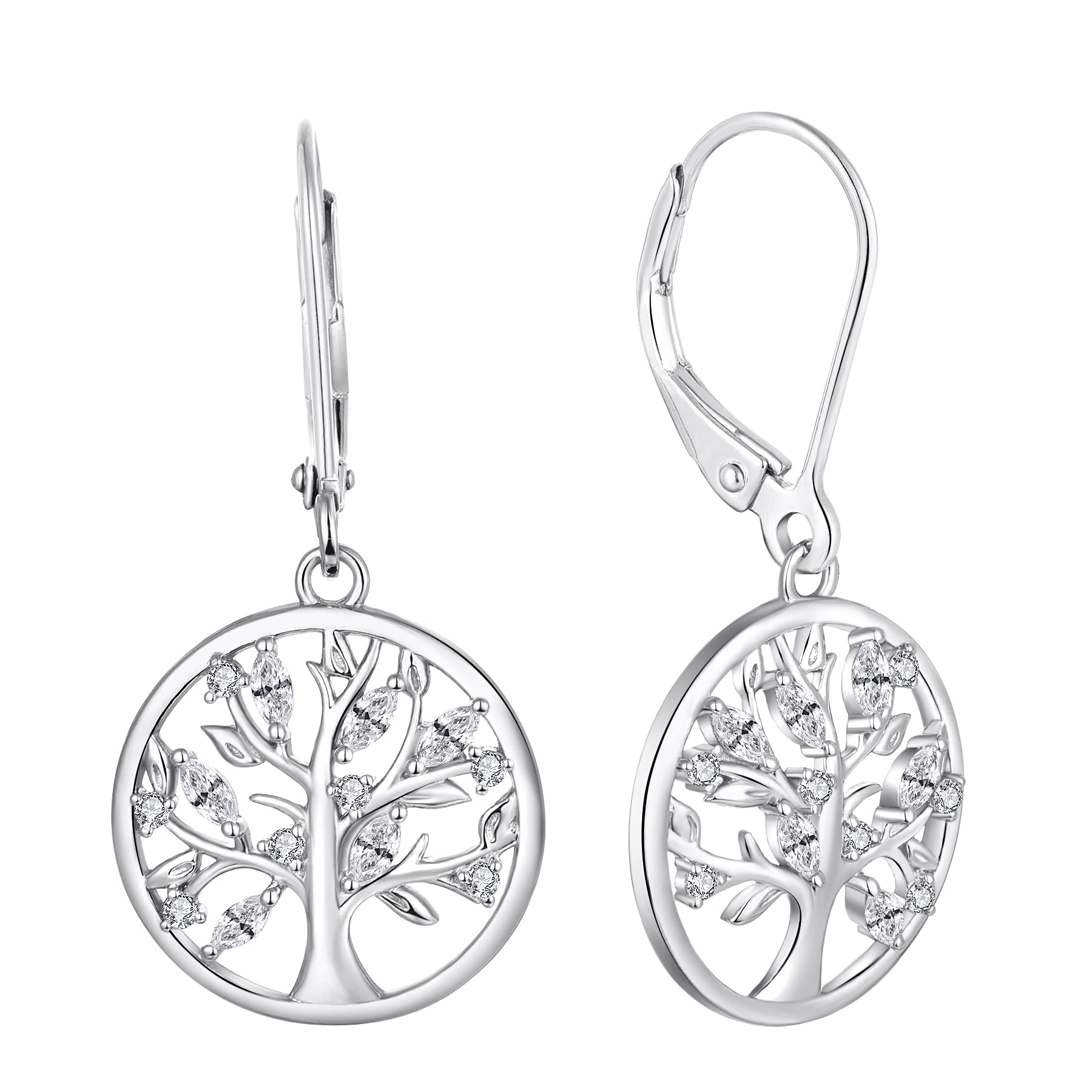 JO WISDOM Women Earrings,925 Sterling Silver Family Tree of Life Leverback Dangle & Drop Earrings with 3A Cubic Zirconia April Birthstone