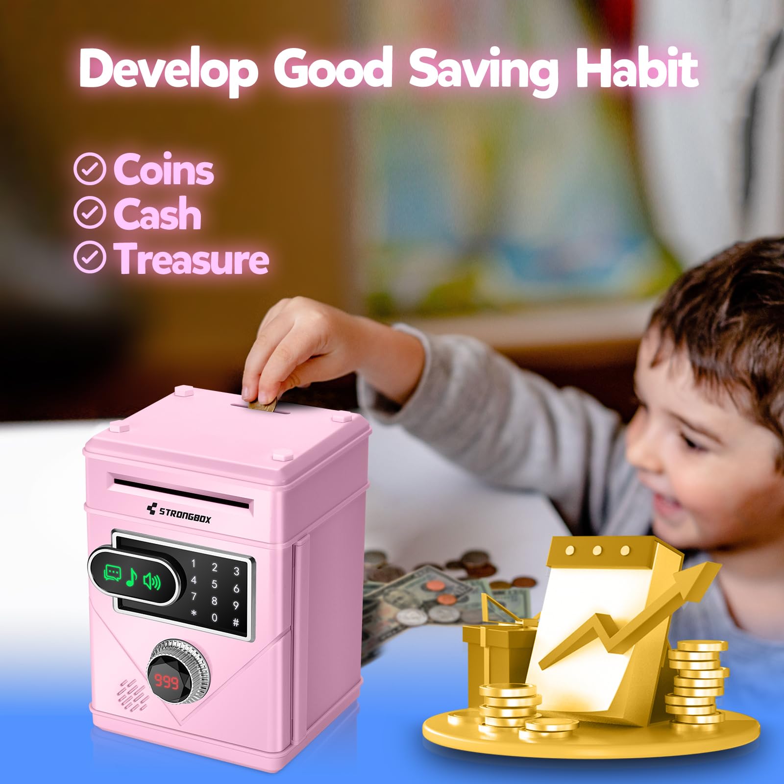 Refasy Touchscreen Piggy Bank ATM Bank Toy for Kids Age 3-12, Electronic Money Bank Coin Bank with Music Kids Safe Birthday Xmas Gifts Toys for 3 4 5 6 7 8 9 10 11 12 Year Old Boys Girls (Pink)