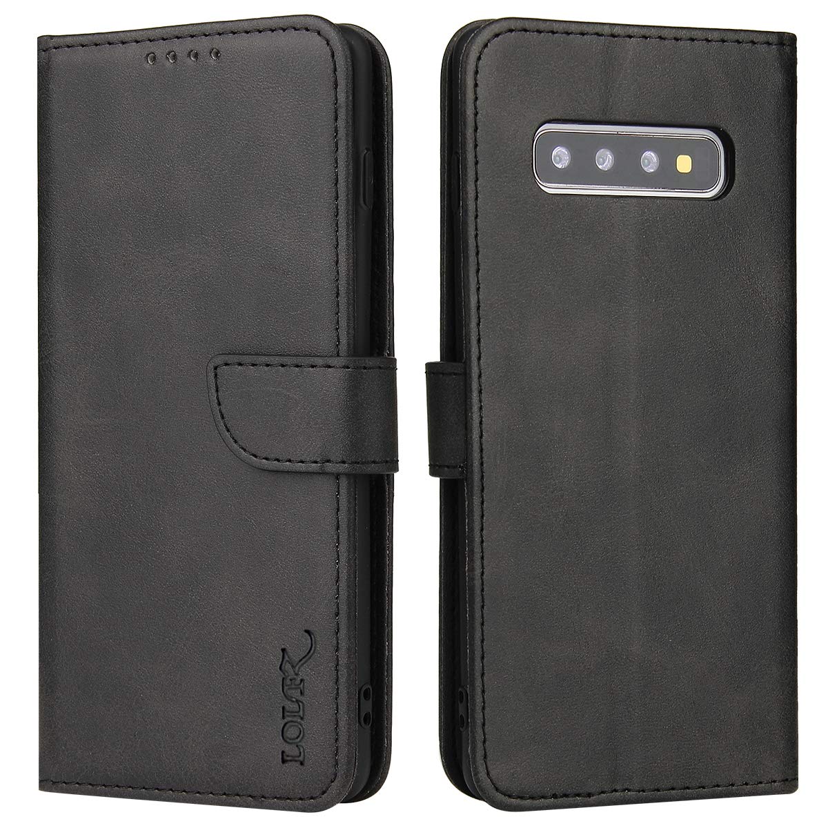 LOLFZ Wallet Case for Samsung Galaxy S10, Vintage Leather Book Case with Card Holder Kickstand Magnetic Closure Flip Case Cover for Samsung Galaxy S10 - Black