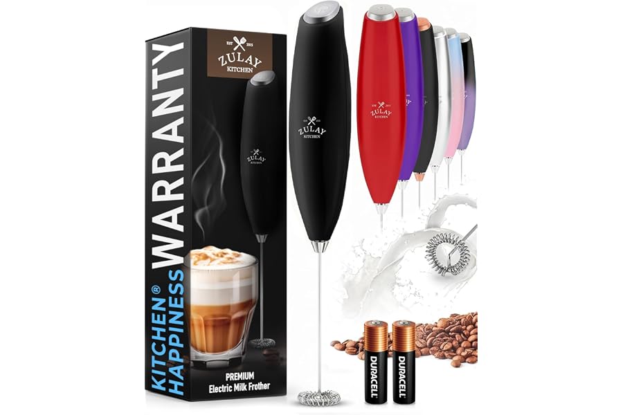 Zulay Kitchen Milk Frother Handheld Electric Whisk – Frother Wand, Durable Drink Mixer, Coffee Frother, Hand Blender, Frother for Protein Powder, Matcha & More - Black