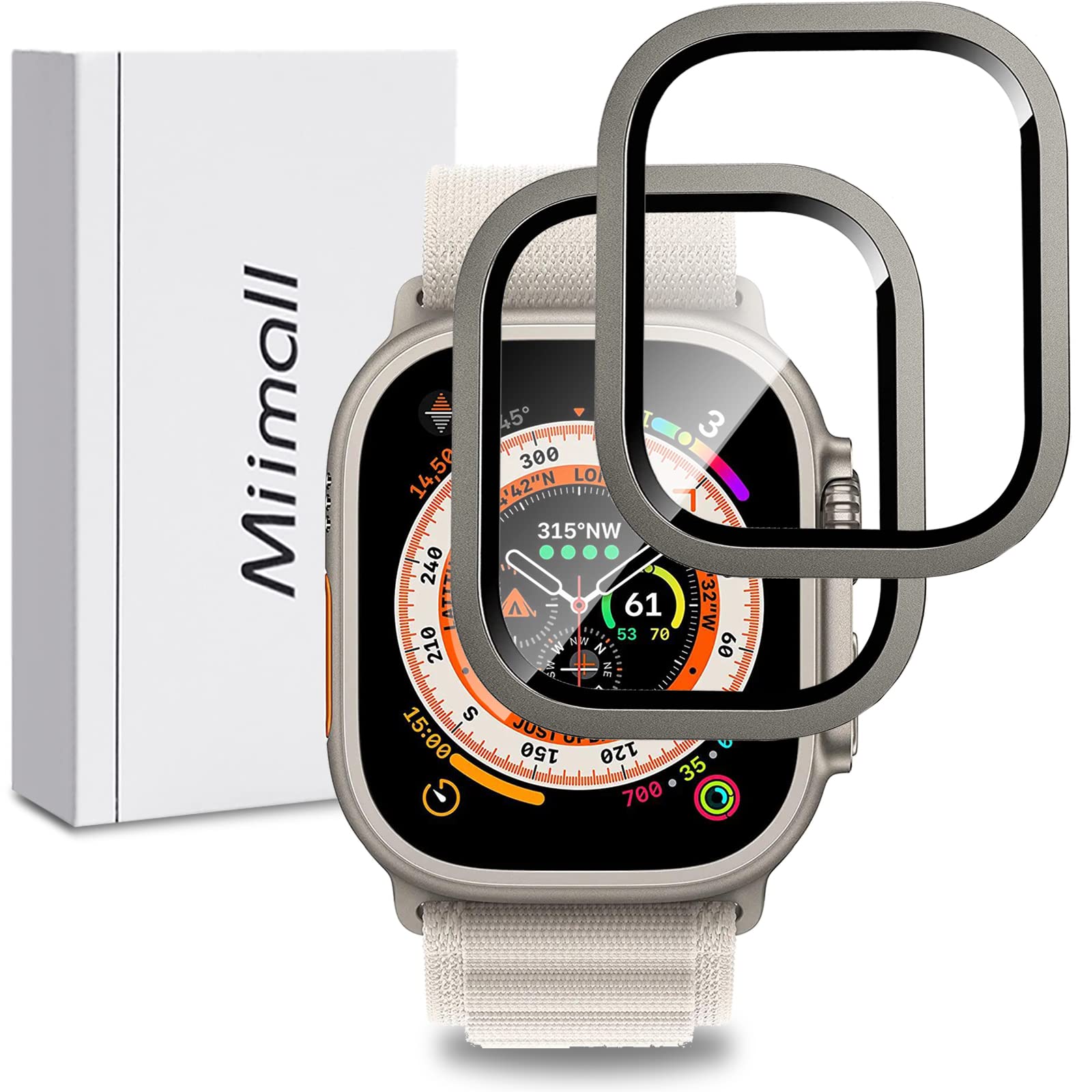 Miimall Titanium Alloy Frame for Apple Watch Ultra 3/2/1 49mm, HD Tempered Glass Screen Protector with Metal Cover Case, Anti-Scratch Protective Cover for iWatch Ultra 49mm-Titanium