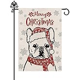 Christmas Dog Garden Flag French Bulldog with Scarf Xmas Flags Double Sided Vertical Decorative Burlap Flag Holiday Decorations for Yard Lawn Outdoor 12.5 x 18 Inch