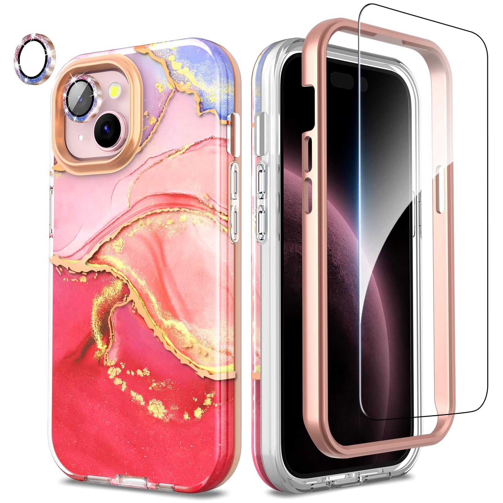 SHEDEER for iPhone 15 Case with Glitter Camera Protector + Screen Protector, Chic Anti-Yellowing Pattern, Shockproof Drop Protection Anti-Scratch Phone Cover iPhone 15 6.1'', Glassy Pink