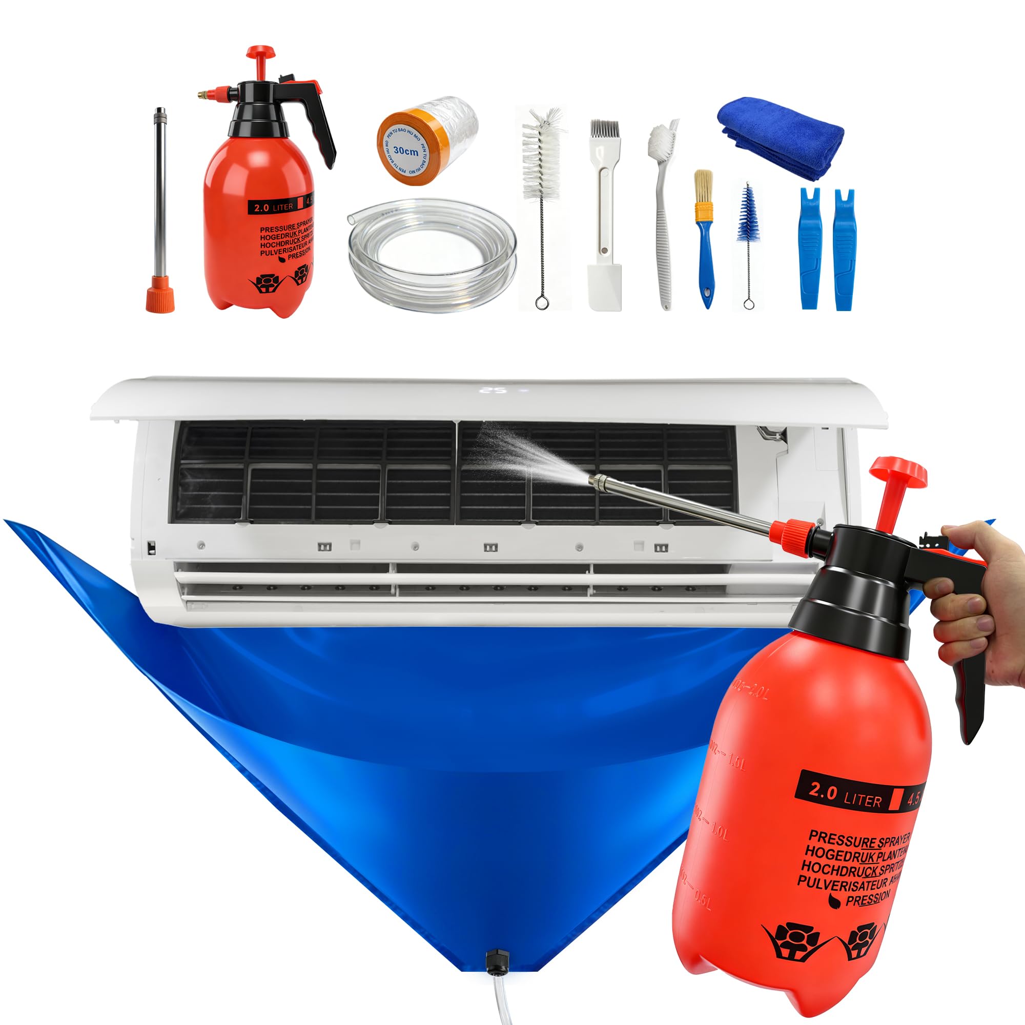 Photo 1 of 13PCS Mini Split Cleaning Kit with 2L High Pressure Sprayer, Deep Cleaning Air Conditioner, HVAC Cleaning Tools With Waterproof PVC Cleaning Cover & Drain Hose, Professional Ac Cleaning Kit, Large