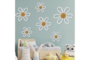 MEINV 6 Pcs Boho Nursery Daisy Wall Decor, Woven Flowers Wall Hanging Art, White Boho Floral Room Decor with Lanyard for Office, Toddler Baby Little Girls Kids Home Bedroom Above Bed Decorations (White)