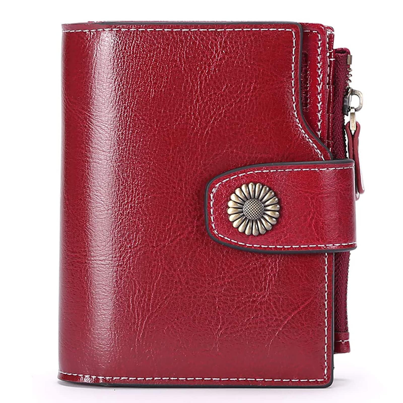 SENDEFN Small Women Wallet Genuine Leather RFID Blocking Bifold Small Purse with Zipper Pocket Wine Red