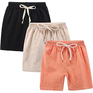 3 Pack Boys Linen Shorts Teen Summer Elastic Waist Wide Leg Bermuda Kids Casual Baggy Athletic Shorts with Pockets