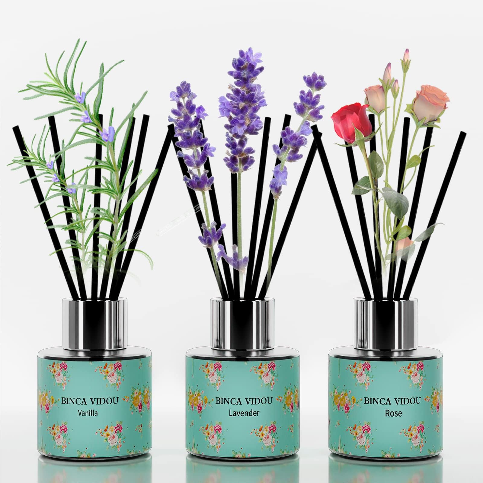 Binca Vidou Reed Diffuser Set of 3, Natural Scent Oil Diffusers with Sticks for Home Office Bathroom Aromatherapy Decor (Lavender, Rose, Vanilla, 50ml x 3)