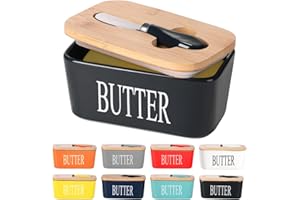 Lxmons Ceramic Butter Dish with Wooden Lid, Large Butters Container Keeper Storage with Stainless Steel Knife Spreader, Bamboo Cover and Silicone Sealing Ring for West East Coast, Black