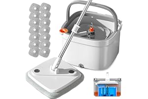 KZKR M16 Spin Mop and Bucket Set with Self Separation M16 Dirty and Clean Water System Self Wringing 360° Rotating Square Mop-Head for Hardwood Tile Marble Floors (Grey) (Mop and Bucket Set (14 pads))