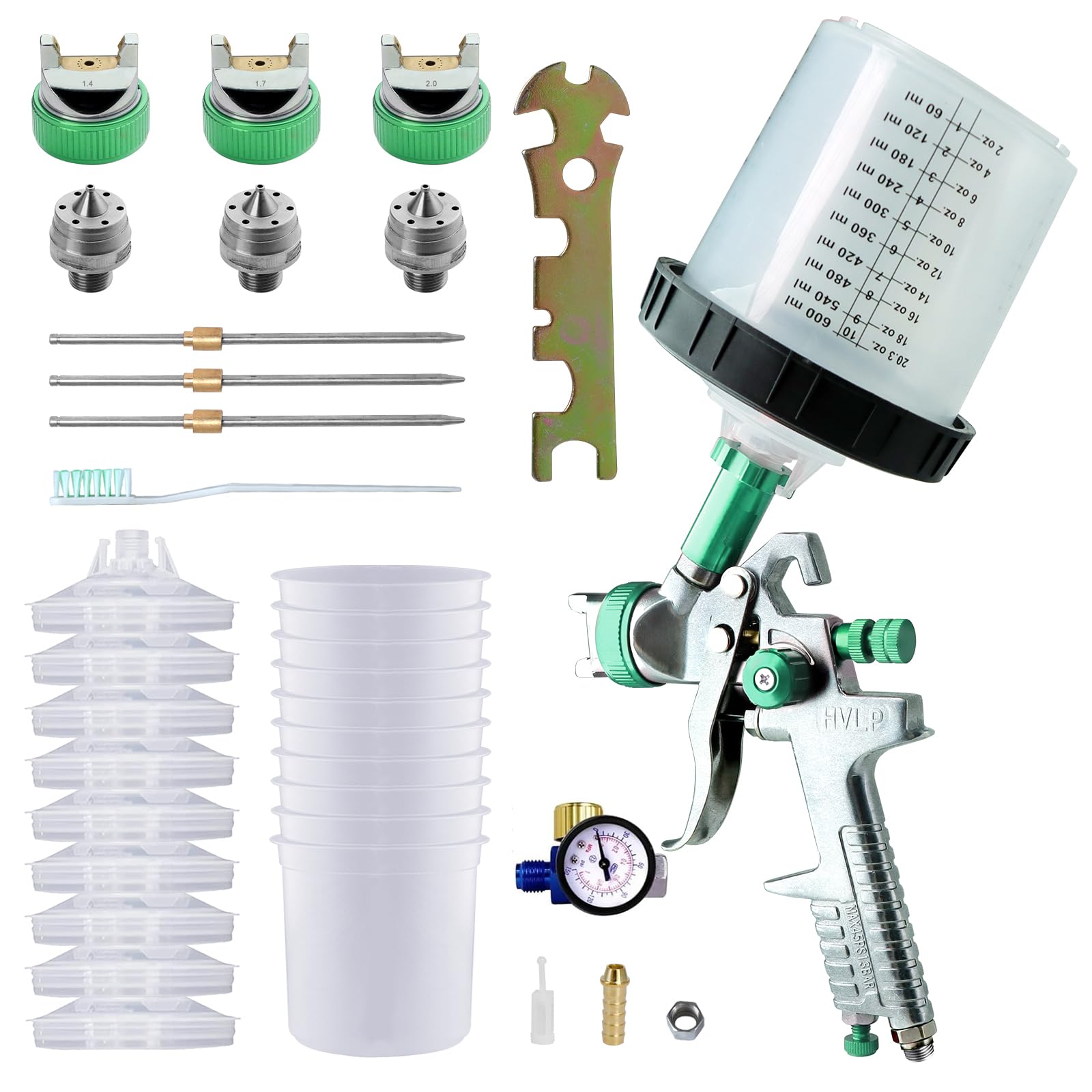Photo 1 of Paint Sprayer with Paint Mixing Quick Cup, HVLP Spray Paint Gun Kit Contain 1.4 1.7 2.0 MM Nozzles 10 Disposable 600ML Cups for Car Furniture Fence Painting (Green)