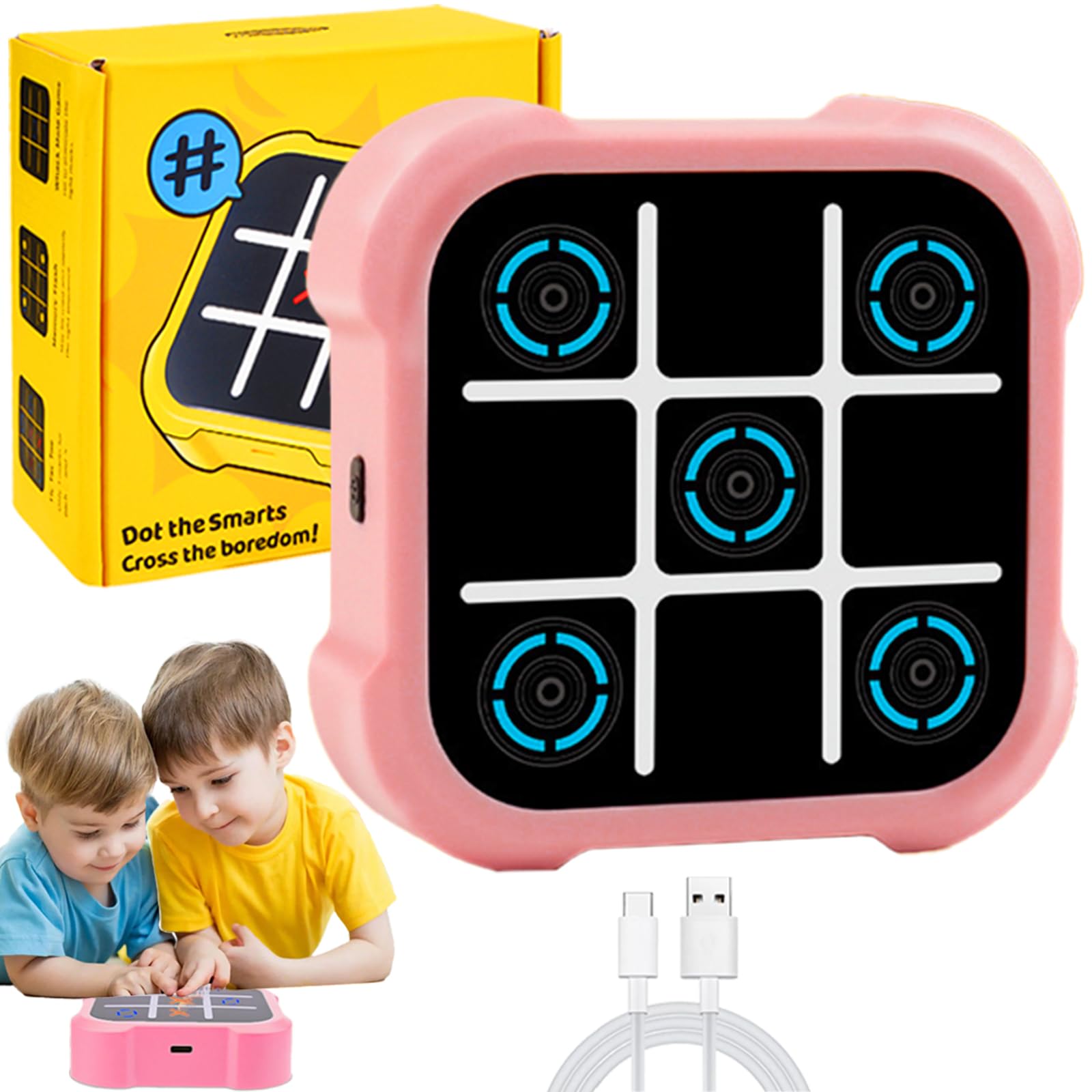 Bolt 3-in-1 Handheld Puzzle Console, Noughts and Crosses, Tic Tacs Travel Family Party Game for Memory Growth (Pink)