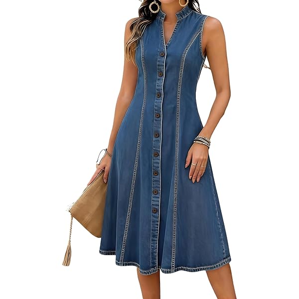 Women's Summer Adjustable Strap Sleeveless Midi Denim Dress Button Down  A-Line Swing Flowy Jean Dress (X-Small,Dark Blue) at Amazon Women's  Clothing store