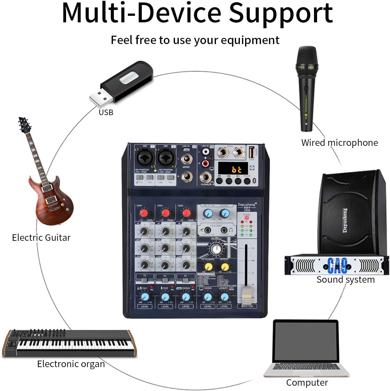 Depusheng DE8 Mini 8 Channel Sound DJ Mixer Reverberation Console USB Sound Card Mixer DSP