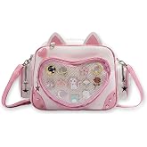 SUSTRALO Kawaii Cat Ita Bag Crossbody, Anime Pin Display Backpack, Pink | Small Ita Backpack with Insert for Girls, Y2k Cute Ita Shoulder Purse with Clear Window for Enamel Plushes Cosplay, (No Pins)