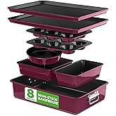 NutriChef 8-Piece Nonstick Stackable Bakeware Set - PFOA, PFOS, PTFE Free Baking Pan Set w/Non-Stick Coating, 450°F Oven Safe, Round Cake, Loaf, Muffin, Wide/Square Pans, Cookie Sheet (Plum)