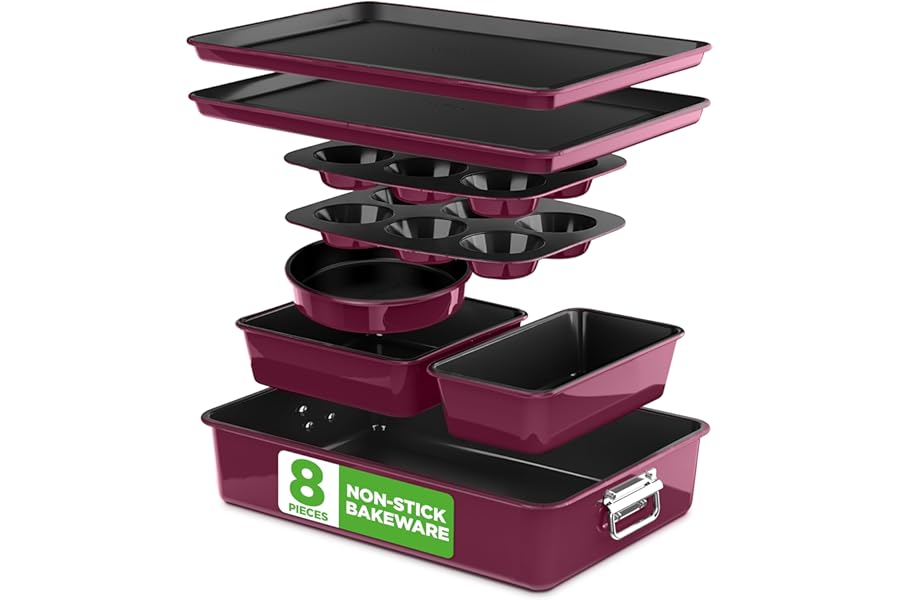 NutriChef 8-Piece Nonstick Stackable Bakeware Set - PFOA, PFOS, PTFE Free Baking Pan Set w/Non-Stick Coating, 450°F Oven Safe, Round Cake, Loaf, Muffin, Wide/Square Pans, Cookie Sheet (Plum)